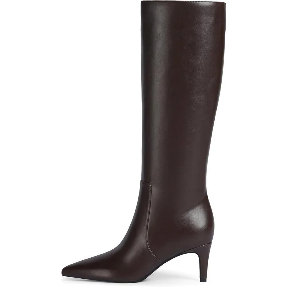 Women Chocolate 1 Tall Boots Pointed Toe Kitten Heel Side Zipper Knee High Boots